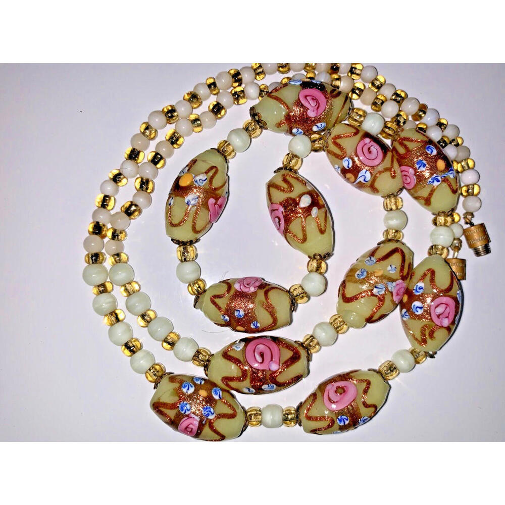 Murano Glass Beads Necklace Pink & Cream Roses Wedding Cake Art Glass